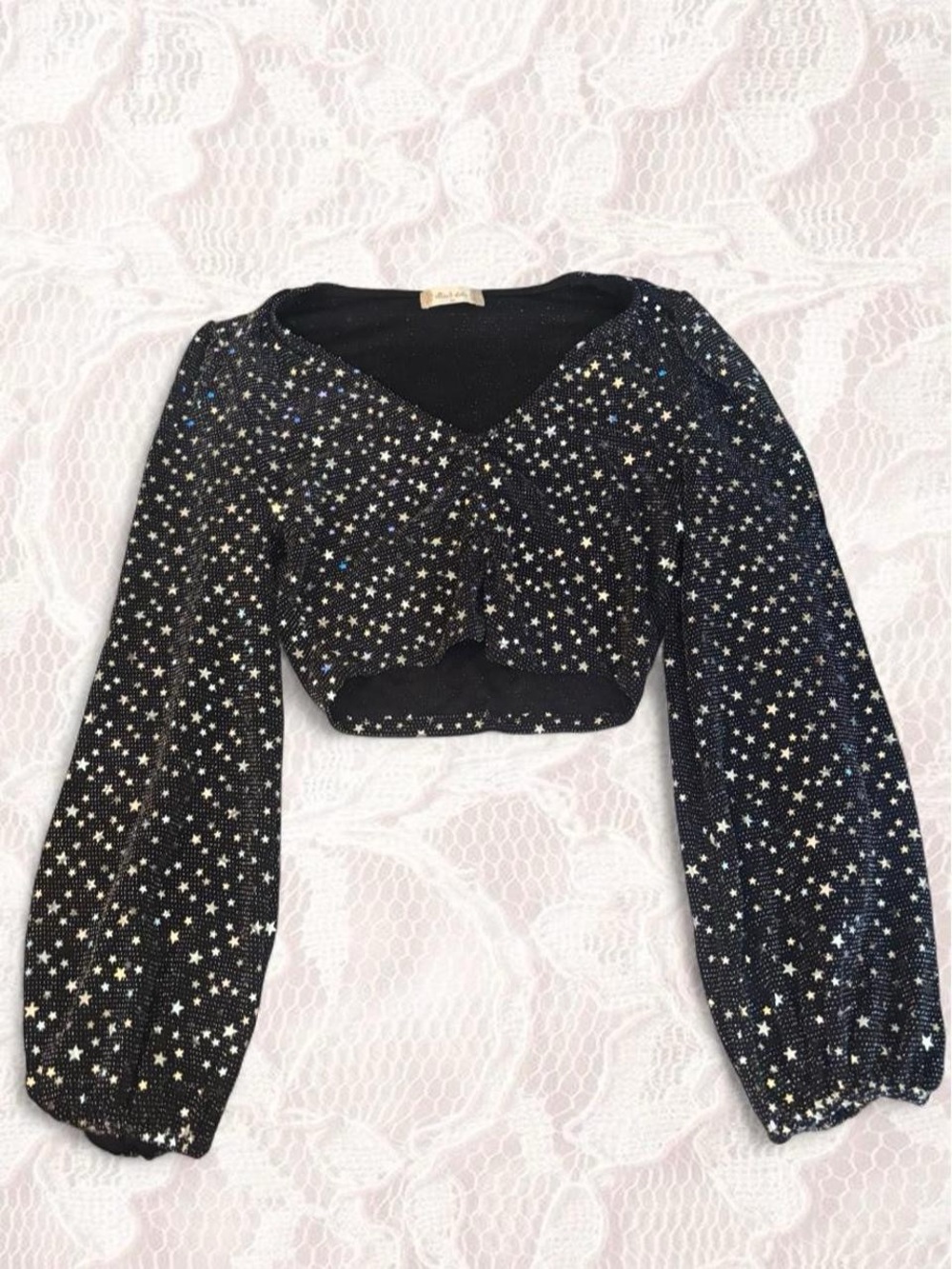 Starry Black Cropped V-Neck Top with Balloon Sleeves